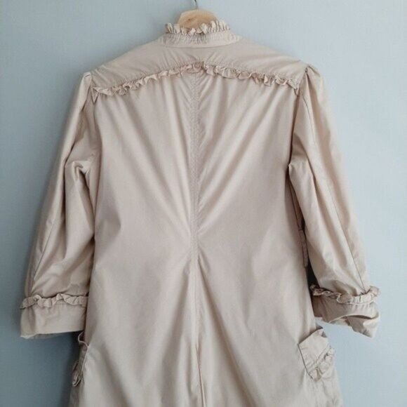 BEBE Light Short Coat Jacket w Ruffle Details Beige Sz S Flawed - Picture 9 of 15